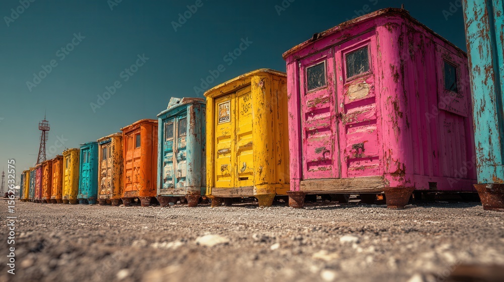 Obraz premium Vibrant Beach Changing Rooms in a Row on a Sunny Day