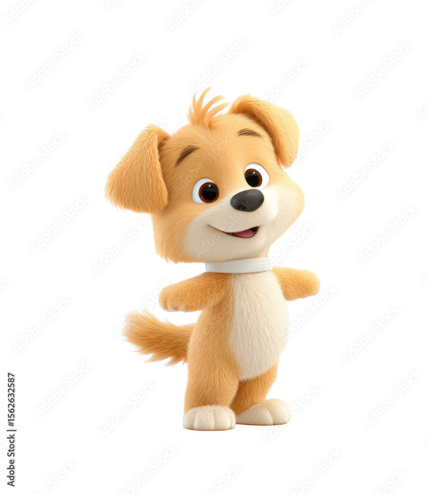 Obraz premium A cute animated puppy character with a cheerful expression stands on a white background. showcasing its playful demeanor. ideal for children's media or pet-related content