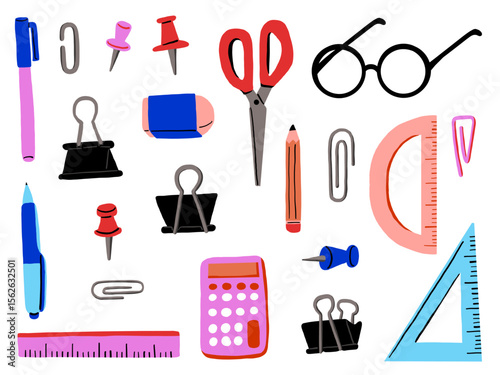 Flat Style School Office Stationery Icon. A playful collection of flat style hand drawn stationery items including pens clips pins rulers scissors erasers calculator for study and organization themes