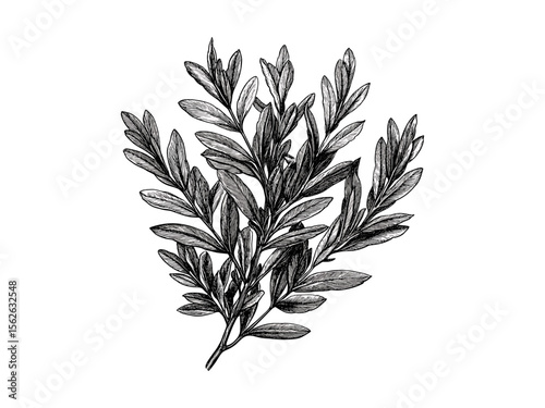 Hand-drawn vintage engraving of yew foliage, botanical illustration, evergreen tree, rustic nature decor, black sketch, old engraving style, forest plant art, eco print, woodland greenery