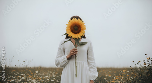Woman in White Dress with Large Flower Minimalist Aesthetic