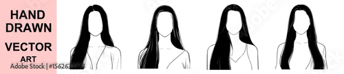 Hand drawn faceless woman with long black hair, fashion female figure, minimal line art style vector portrait on white background for beauty concept