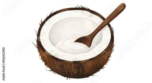 Watercolor Coconut Half with Creamy Filling and Wooden Spoon on White
