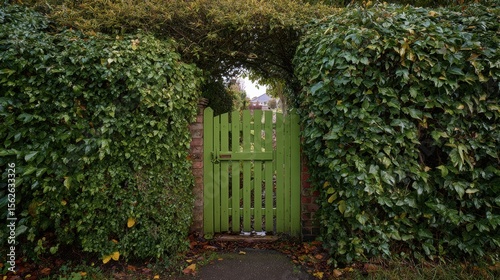 A vibrant green gate nestled between lush greenery, inviting exploration into a serene garden landscape.