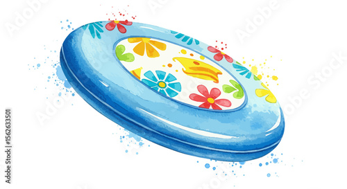 Watercolor Illustration of a Blue Plate with Floral Decorations and Splashes