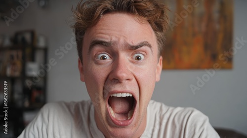 A young man expressing intense excitement and surprise with wide-open eyes and a mouth agape in a lively setting.