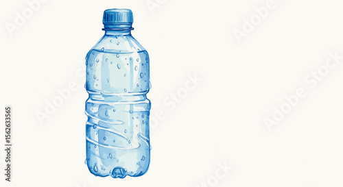 Watercolor Illustration of a Blue Water Bottle with Droplets and White Background