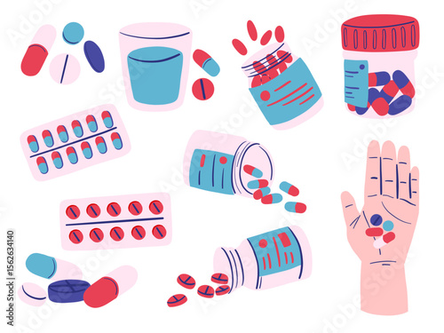 Medicine Capsule Pill Icon Collection. A clean collection of hand drawn flat style medicine elements including pills capsules blister packs and a hand with pills for healthcare dosage themes