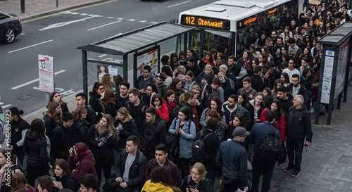 A diverse crowd of young adults waits patiently at a city bus stop on a cloudy day, their anticipation palpable.