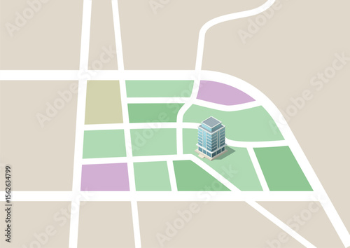 Isometric map with building icon