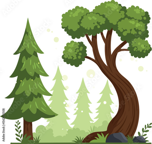 Pine tree and twisted tree with green foliage in forest natural environment vector illustration
