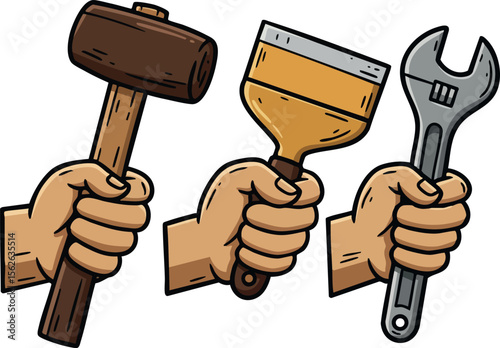 Hands holding mallet putty knife and adjustable wrench tools for construction and repair work vector illustration
