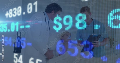 Doctor and nurse reviewing scrolling finance figures for hospital fees while patient nodding