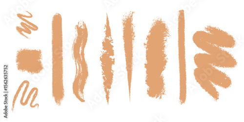 Brush strokes in various shapes and sizes all in a tan color arranged horizontally on a white background