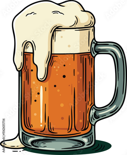 Beer mug with frothy foam overflowing illustration in amber color for refreshing drink design