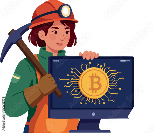 Female Miner Holding Pickaxe Standing Next to Computer Screen with Bitcoin Cryptocurrency Symbol Vector Illustration