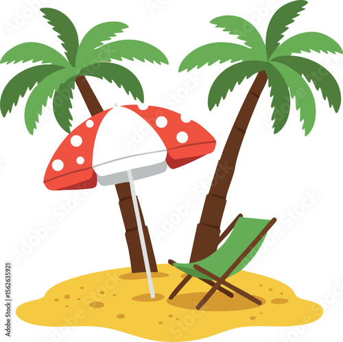 Tropical island scene with palm trees beach umbrella and deck chair summer vacation vector illustration