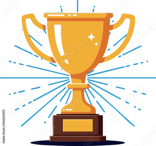 Gold trophy cup shining with rays on brown base for award winner celebration vector illustration