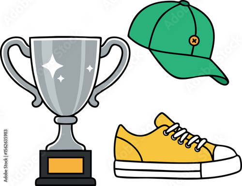 Trophy cup with green baseball cap and yellow sneaker sports accessories vector illustration design