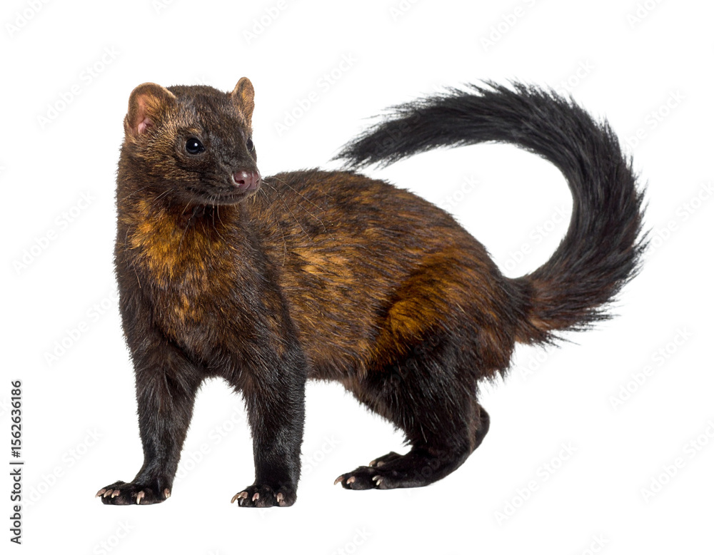 Obraz premium A realistic Patagonian weasel, isolated on a white background, a sleek predator of the Patagonian region.