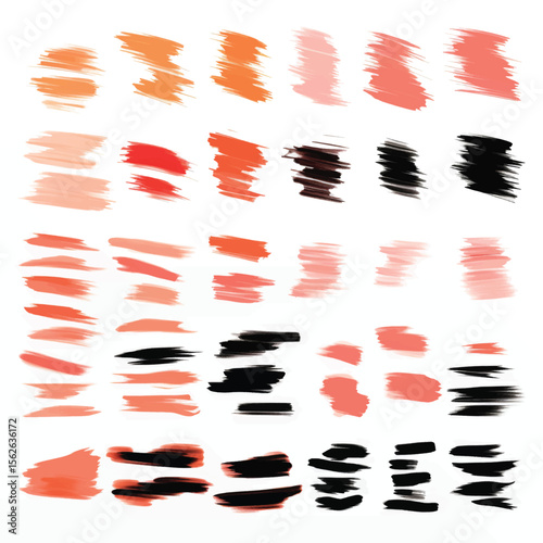 Array of varied brush strokes in shades of orange pink and black presented on a clean white background