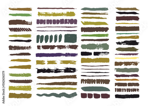 Assorted brush strokes in various colors and patterns arranged in neat columns on a white background