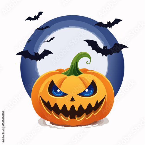 Spooky Halloween Jack-o'-Lantern with Bats and Moon