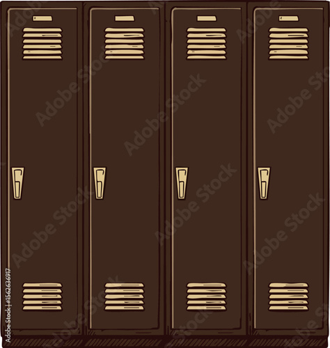 Brown school lockers with ventilation slots and handles in a row vector illustration for educational or gym storage design