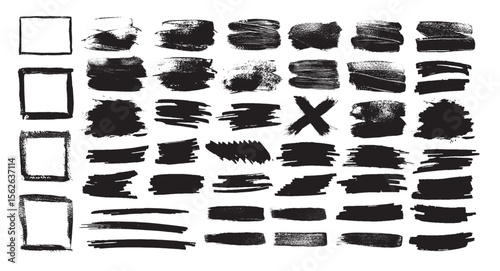 Black brush stroke elements arrayed in rows on a white background