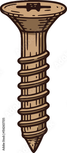 Wood screw vector illustration with detailed threads and cross slot head in brown color for construction and DIY projects