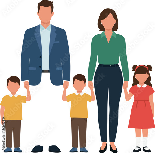 Family holding hands with two boys and one girl in casual clothing vector illustration