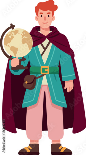 Young red-haired boy holding globe wearing teal coat and maroon cape fantasy character vector illustration