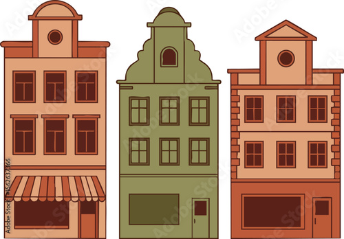 Three vintage European style buildings with detailed facades and warm brown and olive green colours vector illustration
