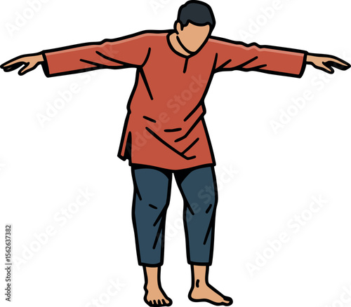 Man balancing with arms outstretched wearing orange shirt and blue pants barefoot vector illustration