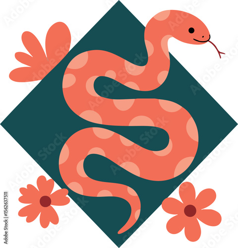 Orange snake with spots coiled on dark green diamond shape surrounded by flowers vector design illustration