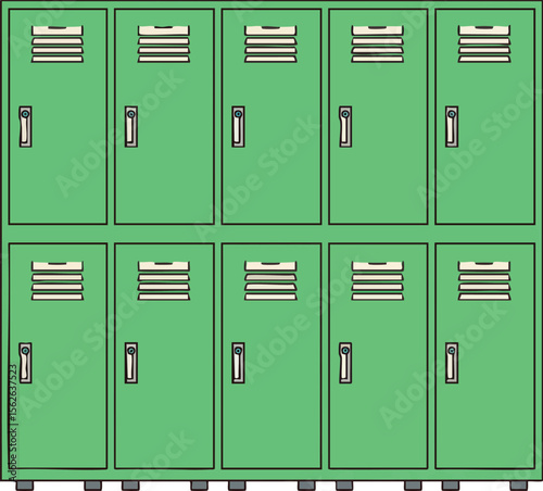 Green metal school lockers with ventilation and handles in two rows for storage and organization vector illustration