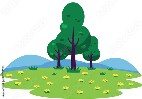 Trees with green leaves and yellow flowers on grassy field with distant blue hills vector illustration