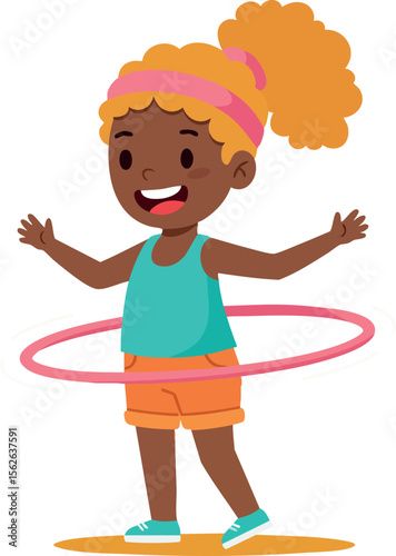 Girl playing with pink hula hoop wearing turquoise tank top and orange shorts happy active child exercise fun summer outdoor leisure vector illustration
