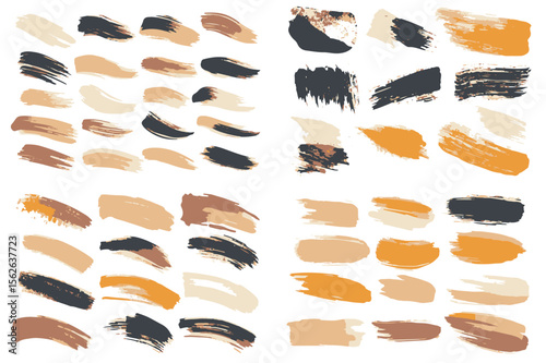 Brush stroke elements in beige brown black and orange arranged in rows and columns on a white background