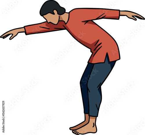 Man balancing on toes with arms extended wearing red shirt and blue pants vector illustration