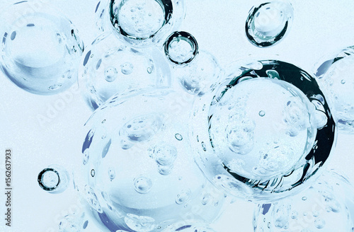 Microscopic Beauty Technology: 3D Illustration of Encapsulated Cosmetic Ingredients in a Blue Liquid Gel Background
