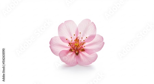 Delicate pink blossom blooms softly against bright white background. AI Generated