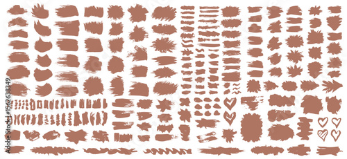 Collection of brown paint brush strokes patterns  shapes on a white background