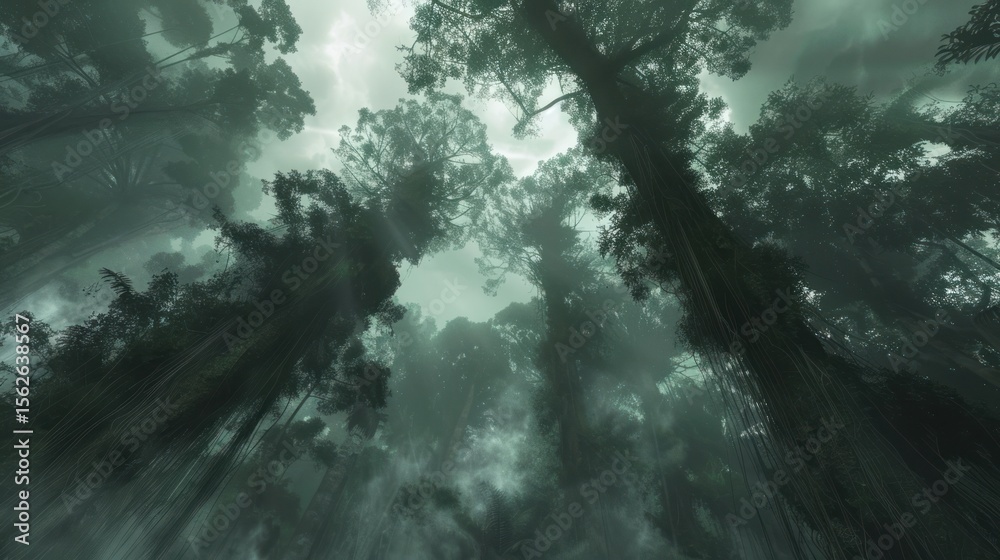 Fototapeta premium Overhead view of dark trees silhouetted against a cloudy sky in a forest