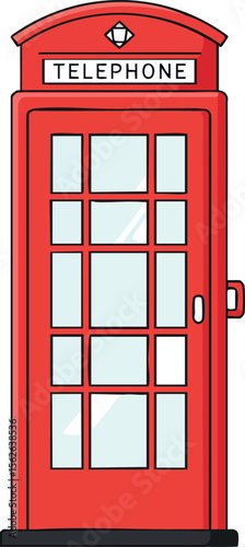 Red British Telephone Booth Classic Design Iconic Vintage Public Phone Box Vector Illustration