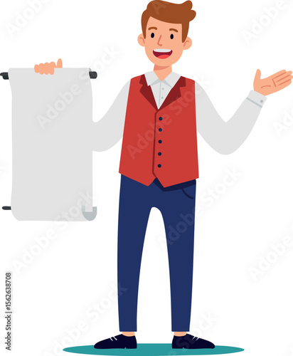 Young man with red vest holding blank scroll presenting message with cheerful expression vector illustration