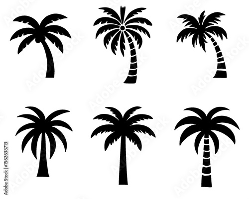 coconut tree icon set, black silhouette of coconut tree, icon isolated on white background

