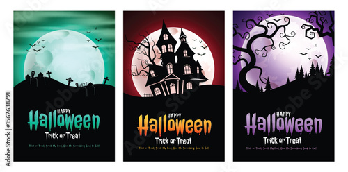 Halloween trick or treat greeting clipart poster set. Happy Halloween scary invitation card with full moon, haunted castle and grave yard night background clip art collection vector illustration.  
