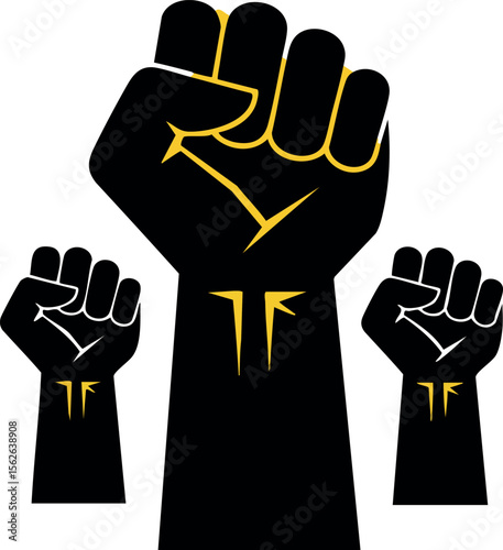 Raised black fists symbolizing power unity and resistance in a bold vector design for activism and social justice movements