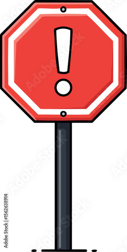 Red octagonal warning sign with exclamation mark on black pole vector illustration for caution and alert messages